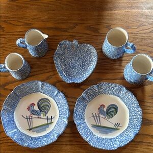 60's Laurie Gates Los Angeles Pottery plates, mugs, sugar/creamer, apple plate